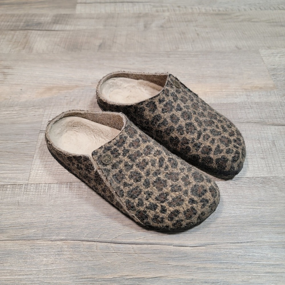 Birkenstock Zermatt Leopard Wool Felt Shearling Lined Clog Slippers Size 39